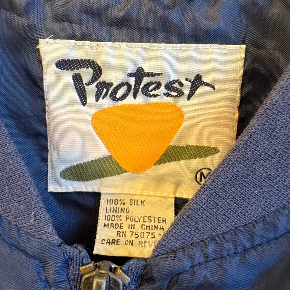 Vintage Protest Silk Bomber Jacket Mens Medium Navy Blue Full Zip Quilted Lined - Picture 3 of 4